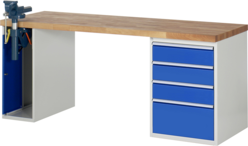 RAU Werkbank Serie 7000 mit Containergestell, 4 Schubladen, 1 Schrank, 1 Schraubstock, RAL7035 Lichtgrau/RAL5010 Enzianblau