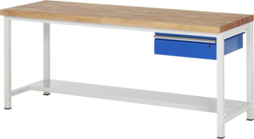 RAU Höhenverstellbare Werkbank Serie 8000, 1 Schublade, 1/2 Ablageboden, RAL7035 Lichtgrau/RAL5010 Enzianblau