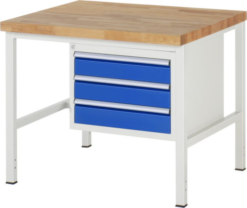 RAU Höhenverstellbare Werkbank Serie 8000, 3 Schubladen, RAL7035 Lichtgrau/RAL5010 Enzianblau