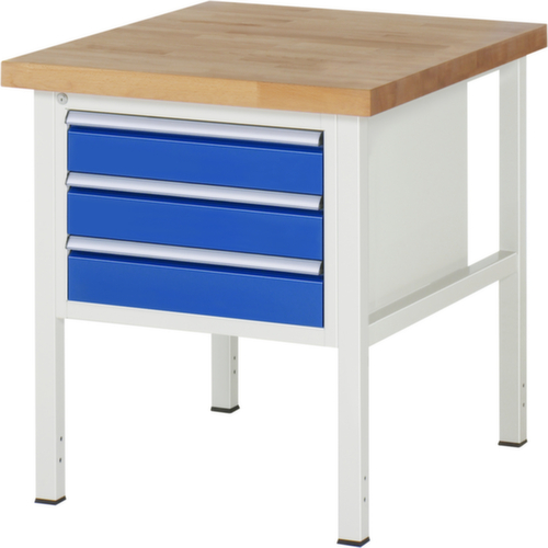 RAU Höhenverstellbare Werkbank Serie 8000, 3 Schubladen, RAL7035 Lichtgrau/RAL5010 Enzianblau