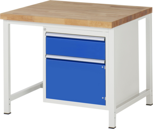 RAU Höhenverstellbare Werkbank Serie 8000, 1 Schublade, 1 Schrank, RAL7035 Lichtgrau/RAL5010 Enzianblau