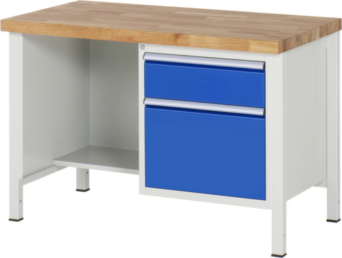 RAU Höhenverstellbare Werkbank Serie 8000, 2 Schubladen, RAL7035 Lichtgrau/RAL5010 Enzianblau
