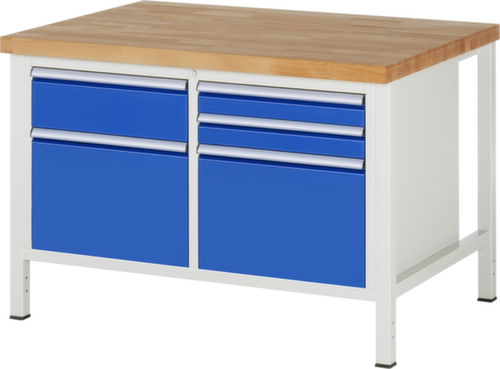 RAU Höhenverstellbare Werkbank Serie 8000, 5 Schubladen, RAL7035 Lichtgrau/RAL5010 Enzianblau