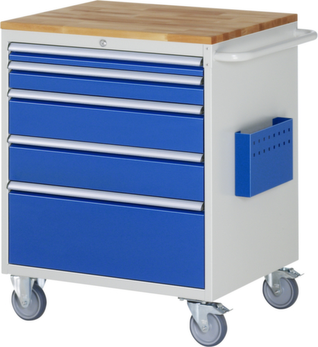 RAU Fahrbare Werkbank Serie 7000, 5 Schubladen, 1 Dokumententasche, 1 Schiebebügel, RAL7035 Lichtgrau/RAL5010 Enzianblau