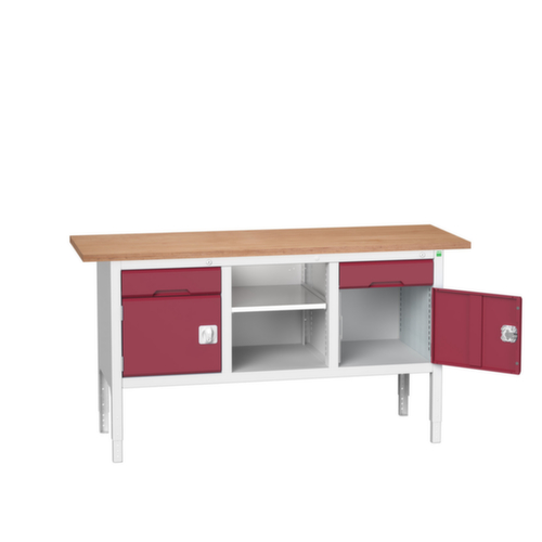 bott Höhenverstellbare Kastenwerkbank verso, 2 Schubladen, 2 Schränke, 1 Ablageboden, RAL7035 Lichtgrau/RAL3004 Purpurrot