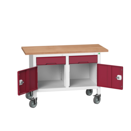 bott Fahrbare Kastenwerkbank verso, 2 Schubladen, 2 Schränke, RAL7035 Lichtgrau/RAL3004 Purpurrot