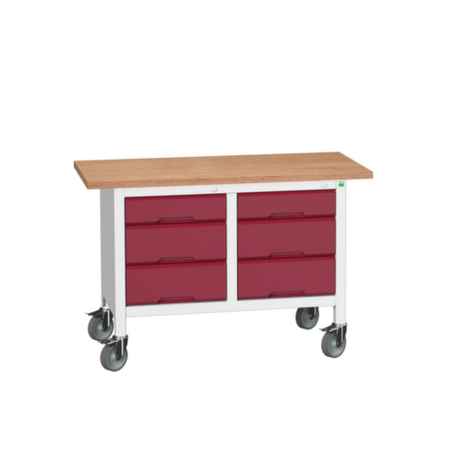 bott Fahrbare Kastenwerkbank verso, 6 Schubladen, RAL7035 Lichtgrau/RAL3004 Purpurrot