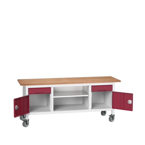 bott Fahrbare Kastenwerkbank verso, 2 Schubladen, 2 Schränke, 1 Ablageboden, RAL7035 Lichtgrau/RAL3004 Purpurrot