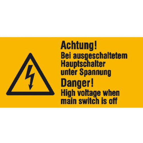 Warnkombischild SafetyMarking® auf Bogen "Achtung! Bei ausgeschaltetem Hauptschalter unter Spannung"