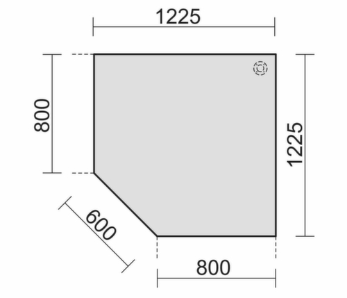 Gera Eckiges Verkettungselement Pro 90° für 4-Fußgestell, Breite x Tiefe 1225 x 1225 mm, Platte weiß Technische Zeichnung 1 L