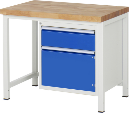 RAU Höhenverstellbare Werkbank Serie 8000, 1 Schublade, 1 Schrank, RAL7035 Lichtgrau/RAL5010 Enzianblau