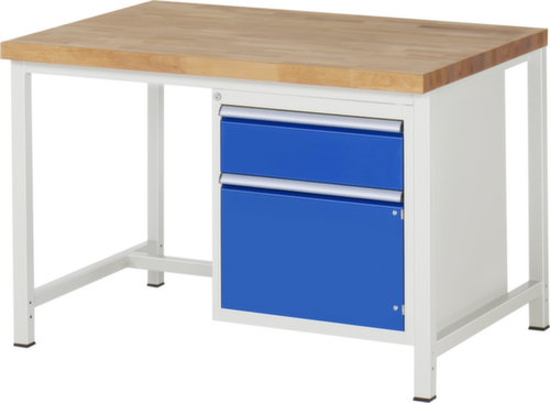 RAU Höhenverstellbare Werkbank Serie 8000, 1 Schublade, 1 Schrank, RAL7035 Lichtgrau/RAL5010 Enzianblau