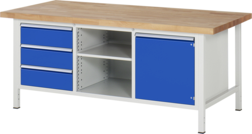 RAU Höhenverstellbare Werkbank Serie 8000, 3 Schubladen, 1 Schrank, 1 Ablageboden, RAL7035 Lichtgrau/RAL5010 Enzianblau