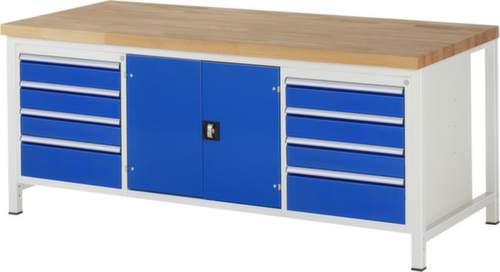 RAU Höhenverstellbare Werkbank Serie 8000, 8 Schubladen, 1 Schrank, RAL7035 Lichtgrau/RAL5010 Enzianblau