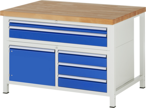 RAU Höhenverstellbare Werkbank Serie 8000, 5 Schubladen, 1 Schrank, RAL7035 Lichtgrau/RAL5010 Enzianblau