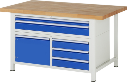 RAU Höhenverstellbare Werkbank Serie 8000, 5 Schubladen, 1 Schrank, RAL7035 Lichtgrau/RAL5010 Enzianblau