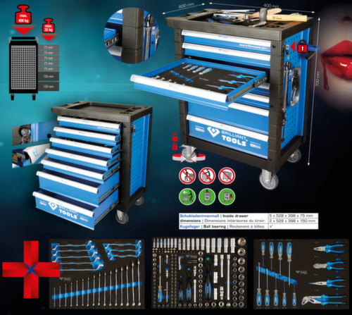 Brilliant Tools BLAU/SILBER Werkstattwagen mit 7 Schubladen und 207 Premium-Werkzeugen Detail 1 L