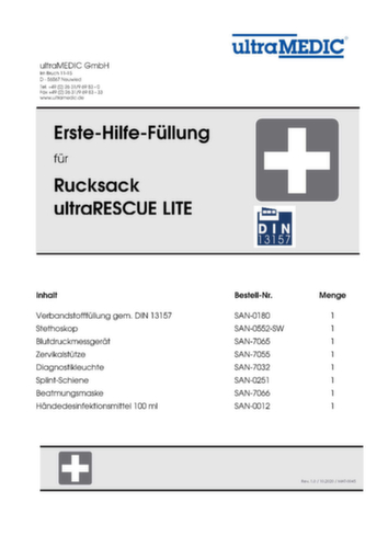 ultraMEDIC Rettungsrucksack ultraRESCUE LITE FA, Füllung nach DIN 13157 Technische Zeichnung 1 L