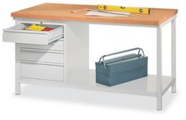 PAVOY Werkbank mit Gestell in lichtgrau und Buche-Multiplexplatte, 4 Schubladen, 1 Ablageboden, RAL7035 Lichtgrau/RAL7035 Lichtgrau