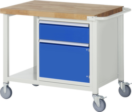 RAU Fahrbare Werkbank Serie 8000, 1 Schublade, 1 Schrank, 1 Ablageboden, 1 Schiebebügel, RAL7035 Lichtgrau/RAL5010 Enzianblau