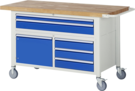 RAU Fahrbare Werkbank Serie 8000, 5 Schubladen, 1 Schrank, 1 Schiebebügel, RAL7035 Lichtgrau/RAL5010 Enzianblau