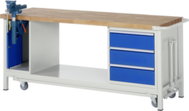 RAU Werkbank Serie 8000, 3 Schubladen, 1 Schrank, 1 Ablageboden, 1 Schraubstock, RAL7035 Lichtgrau/RAL5010 Enzianblau