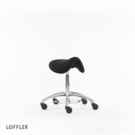 Löffler Sattelsitzhocker Sedlo mit Fußauslösung, Sitz schwarz, Rollen