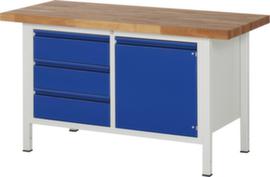 RAU höhenverstellbare Werkbank Serie 8000 mit Bucheplatte, 3 Schubladen, 1 Schrank, 1 Ablageboden, RAL7035 Lichtgrau/RAL5010 Enzianblau