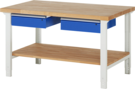 RAU Höhenverstellbare Werkbank Serie 7000, 2 Schubladen, 1 Ablageboden, RAL7035 Lichtgrau/RAL5010 Enzianblau