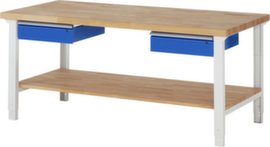 RAU Höhenverstellbare Werkbank Serie 7000, 2 Schubladen, 1 Ablageboden, RAL7035 Lichtgrau/RAL5010 Enzianblau