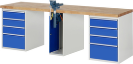 RAU Werkbank Serie 7000 mit Containergestell, 8 Schubladen, 1 Schrank, 1 Schraubstock, RAL7035 Lichtgrau/RAL5010 Enzianblau