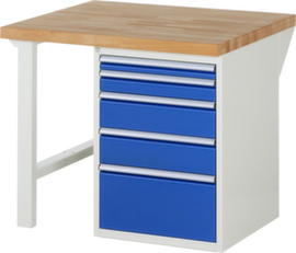 RAU Werkbank Serie 7000 mit Containergestell, 5 Schubladen, RAL7035 Lichtgrau/RAL5010 Enzianblau