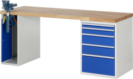 RAU Werkbank Serie 7000 mit Containergestell, 5 Schubladen, 1 Schrank, 1 Schraubstock, RAL7035 Lichtgrau/RAL5010 Enzianblau