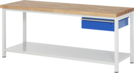 RAU Höhenverstellbare Werkbank Serie 8000, 1 Schublade, 1 Ablageboden, RAL7035 Lichtgrau/RAL5010 Enzianblau