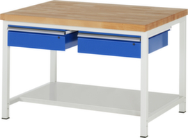 RAU Höhenverstellbare Werkbank Serie 8000, 2 Schubladen, 1 Ablageboden, RAL7035 Lichtgrau/RAL5010 Enzianblau