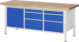 RAU Höhenverstellbare Werkbank Serie 8000, 6 Schubladen, 1 Schrank, RAL7035 Lichtgrau/RAL5010 Enzianblau