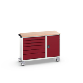 bott Fahrbarer Montagetisch verso, 6 Schubladen, 1 Schrank, RAL7035 Lichtgrau/RAL3004 Purpurrot