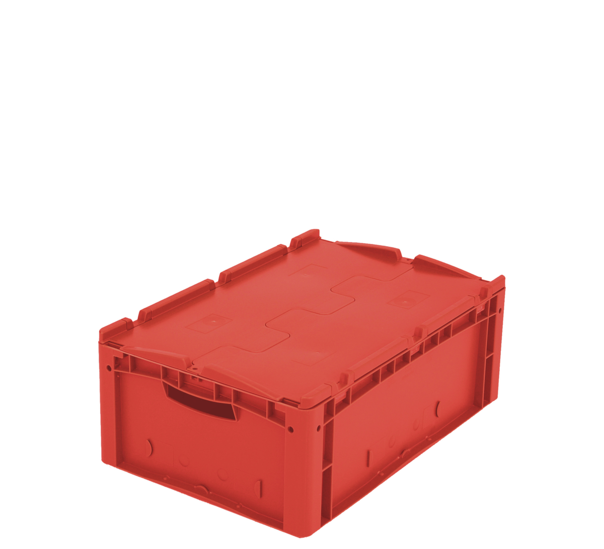 Euronorm-Stapelbehälter, rot, Inhalt 43 l, Zweiteiliger Scharnierdeckel