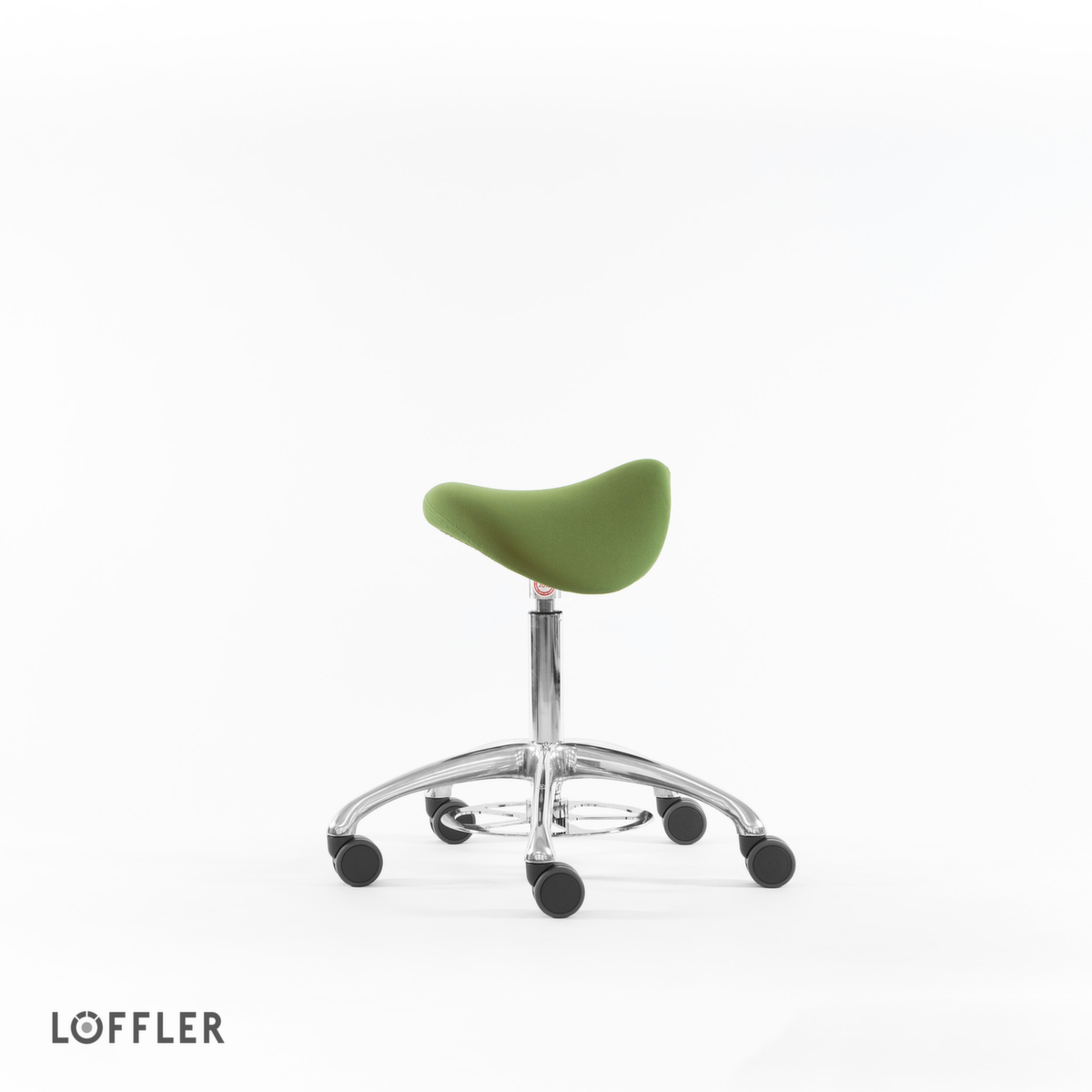 Löffler Sattelsitzhocker Sedlo mit Fußauslösung, Sitz grün, Rollen Standard 2 ZOOM