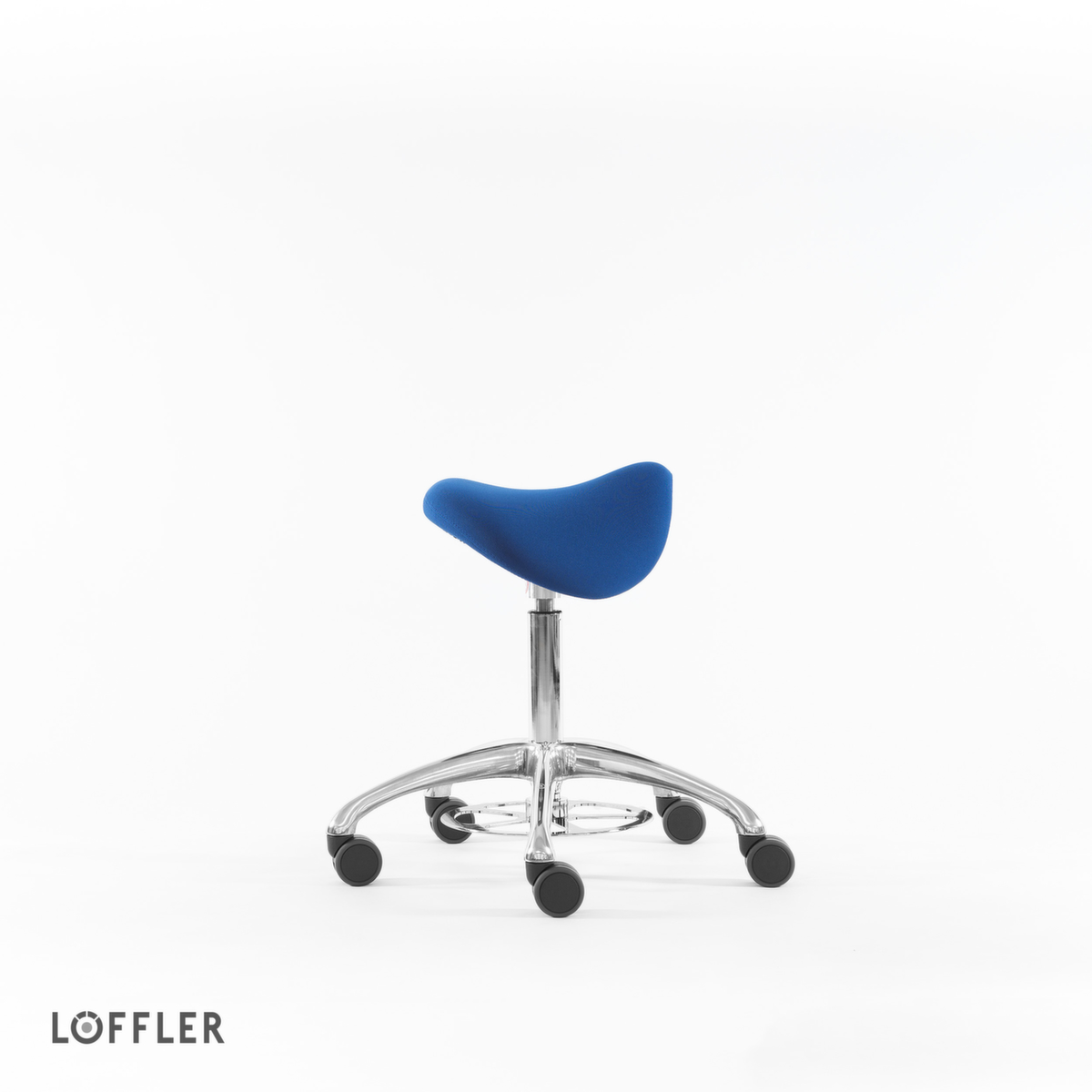 Löffler Sattelsitzhocker Sedlo mit Fußauslösung, Sitz blau, Rollen Standard 2 ZOOM