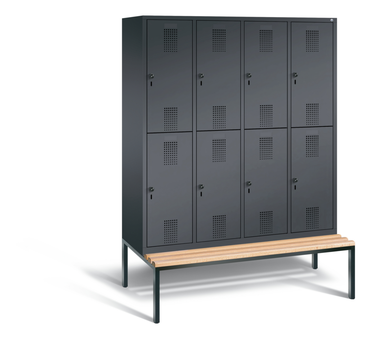 C+P Doppelstöckiger Umkleideschrank Evolo mit untergebauter Sitzbank + 4x2 Abteile, Abteilbreite 400 mm