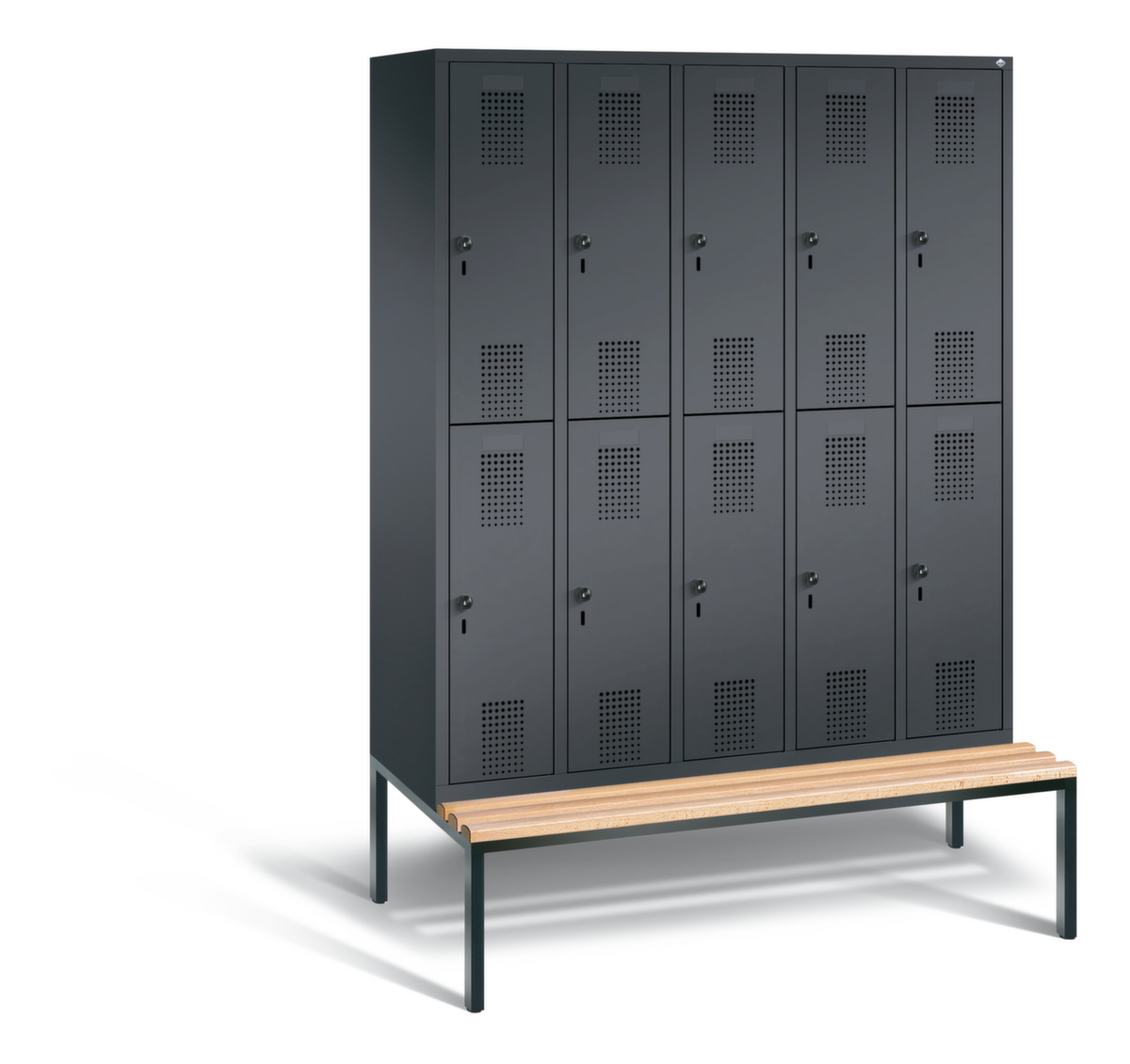 C+P Doppelstöckiger Umkleideschrank Evolo mit untergebauter Sitzbank + 5x2 Abteile, Abteilbreite 300 mm