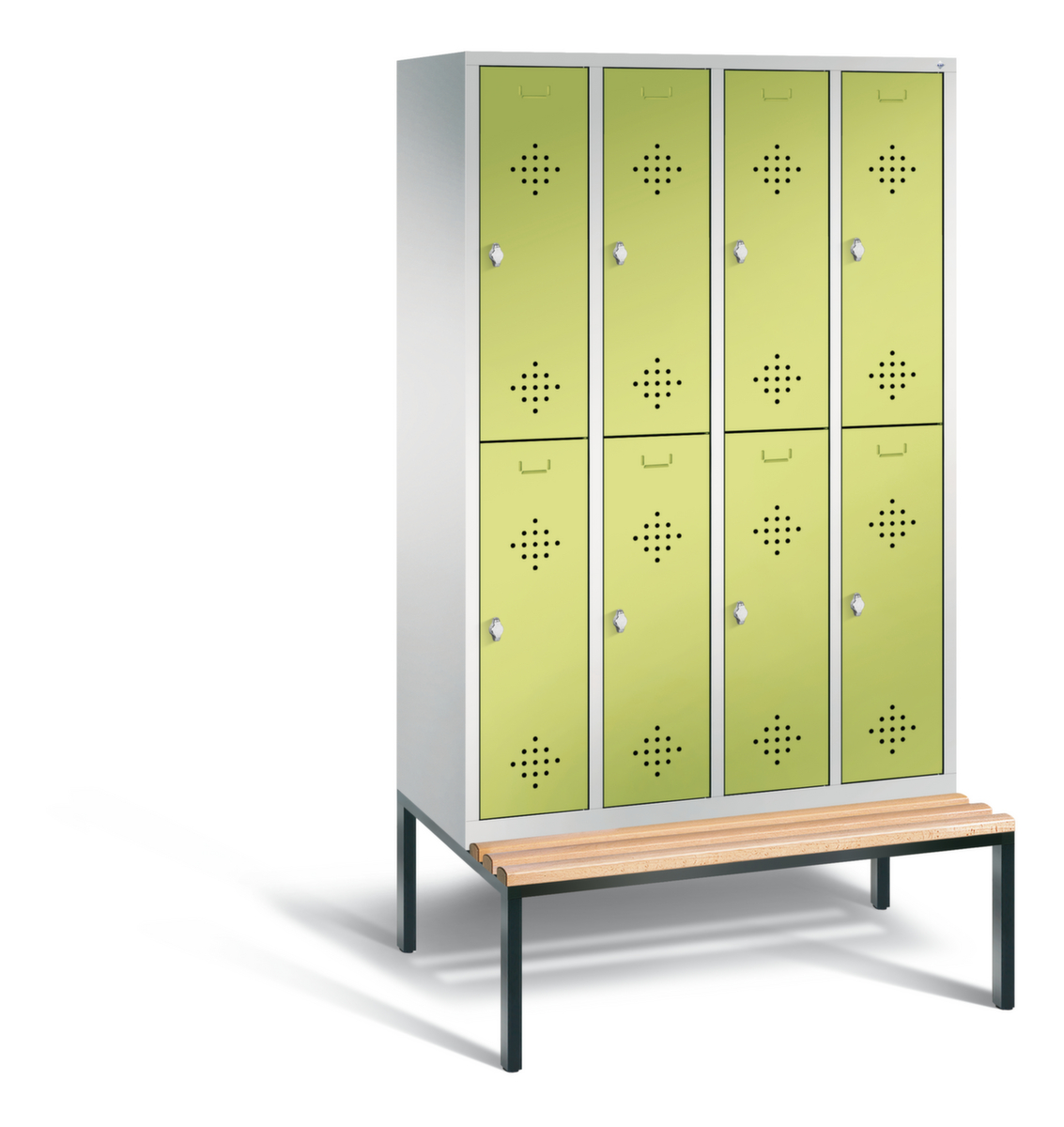 C+P Doppelstöckiger Umkleideschrank Classic mit Sitzbank + 4x2 Abteile, Abteilbreite 300 mm