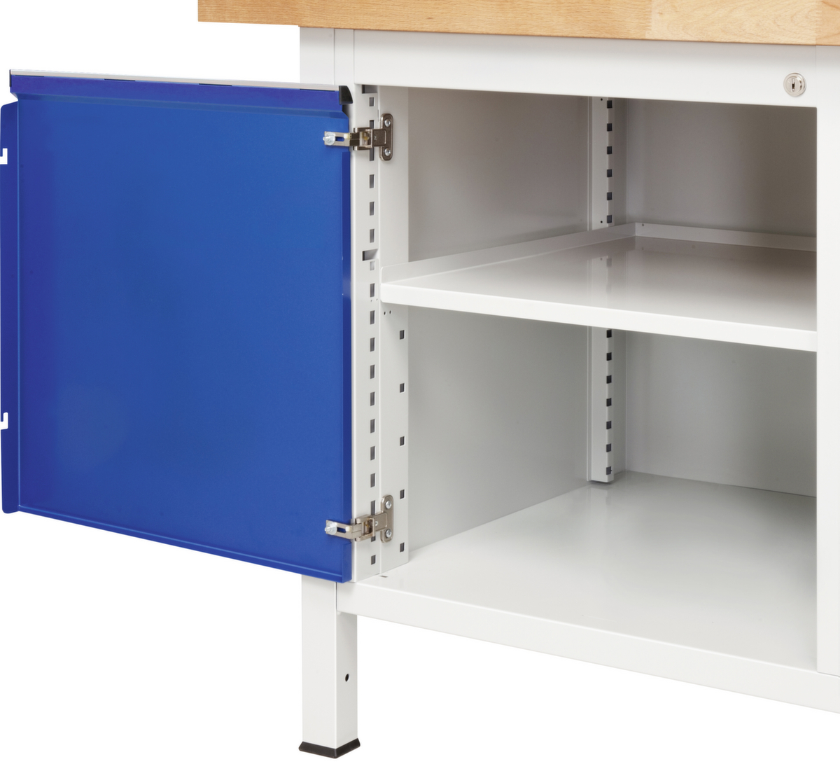 RAU Werkbank Serie 7000 mit Containergestell, 2 Schubladen, 1 Schrank, RAL7035 Lichtgrau/RAL5010 Enzianblau Detail 4 ZOOM