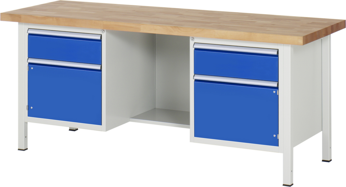 RAU Höhenverstellbare Werkbank Serie 8000, 2 Schubladen, 2 Schränke, RAL7035 Lichtgrau/RAL5010 Enzianblau