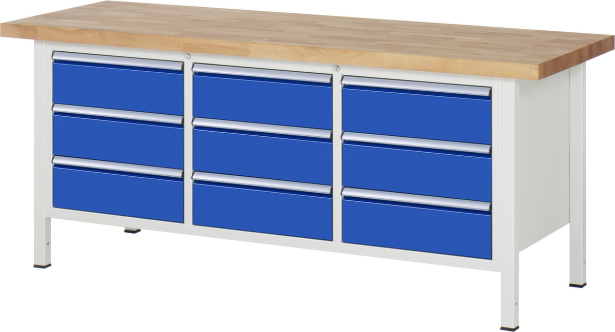 RAU Höhenverstellbare Werkbank Serie 8000, 9 Schubladen, RAL7035 Lichtgrau/RAL5010 Enzianblau
