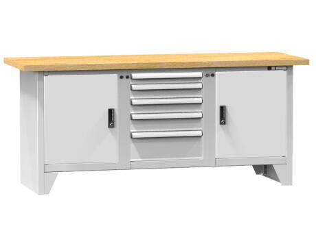 Werkbank Spinell, 5 Schubladen, 2 Schränke, RAL7035 Lichtgrau/RAL7035 Lichtgrau