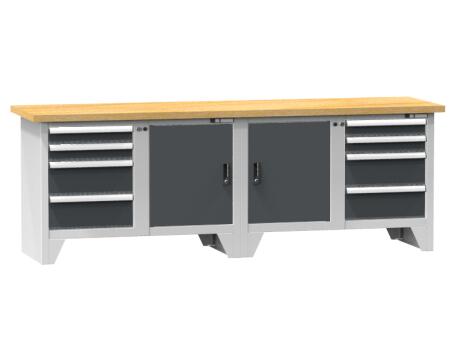 Werkbank Spinell, 8 Schubladen, 2 Schränke, RAL7035 Lichtgrau/RAL7016 Anthrazitgrau