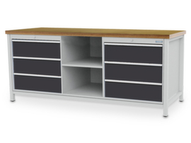 Bedrunka + Hirth Werkbank mit Rückwand, 6 Schubladen, 2 Ablageböden, RAL7035 Lichtgrau/RAL7016 Anthrazitgrau