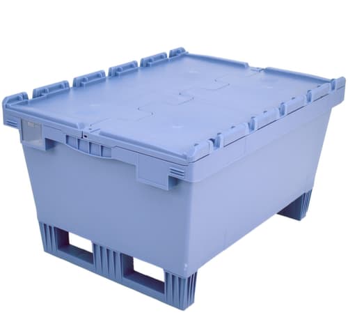 Großvolumen-Mehrwegbehälter mit Doppelboden + Kufen, Inhalt 114 l, Krokodildeckel